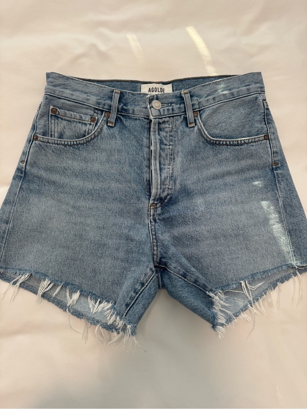 Agolde Light Blue Frayed Hem Denim Shorts - Picture 2 of 5